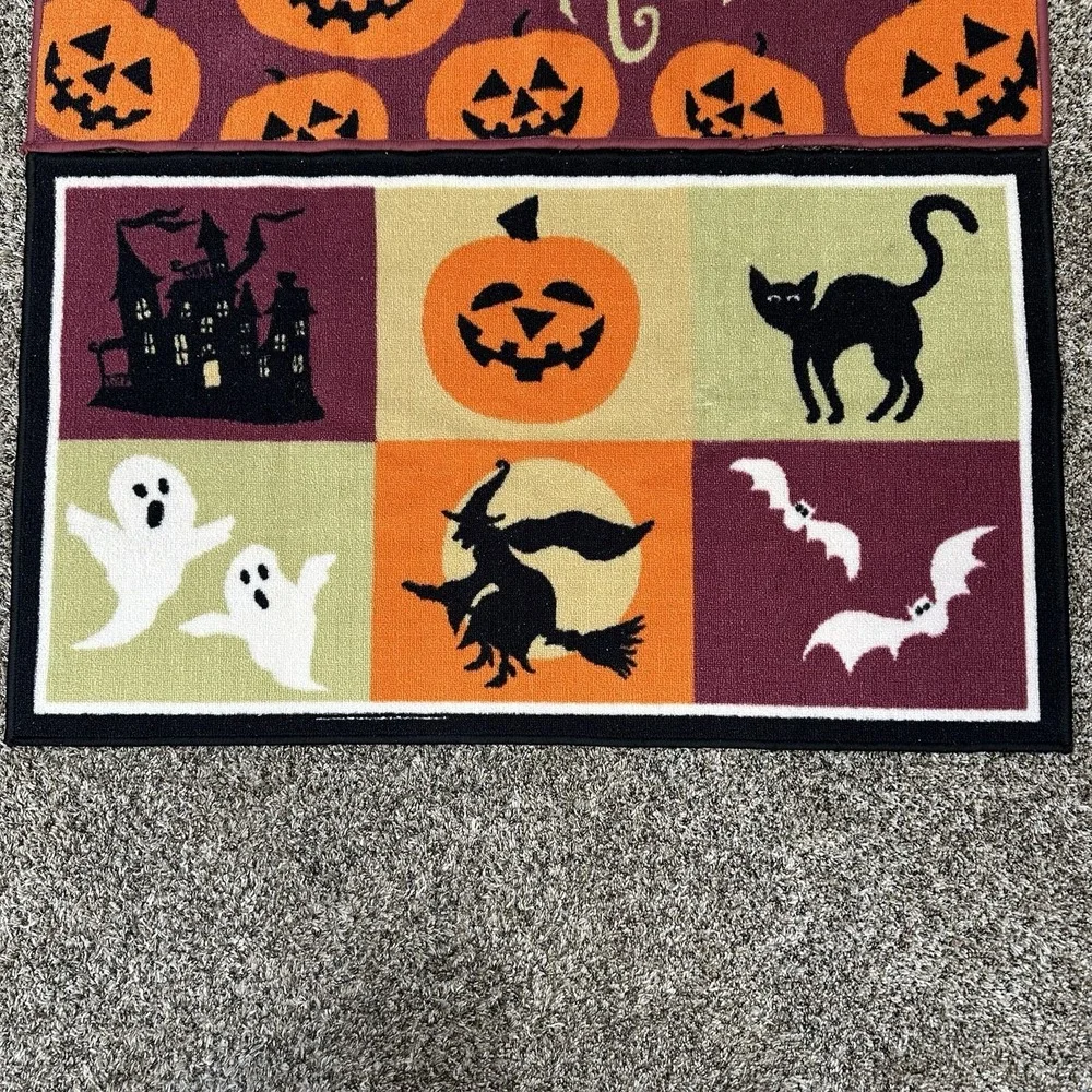 Lot of 2 Halloween Accent Rugs Doormats Pumpkins, Ghosts, Witch, Black Cat 45x26